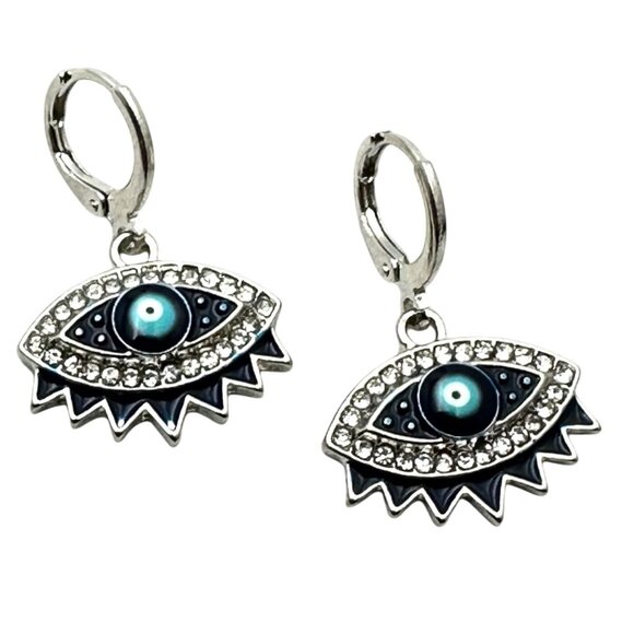Evil Eye Blue Enamel Silver Tone Pierced Chandelier Earrings 1 Inch New - Picture 1 of 3